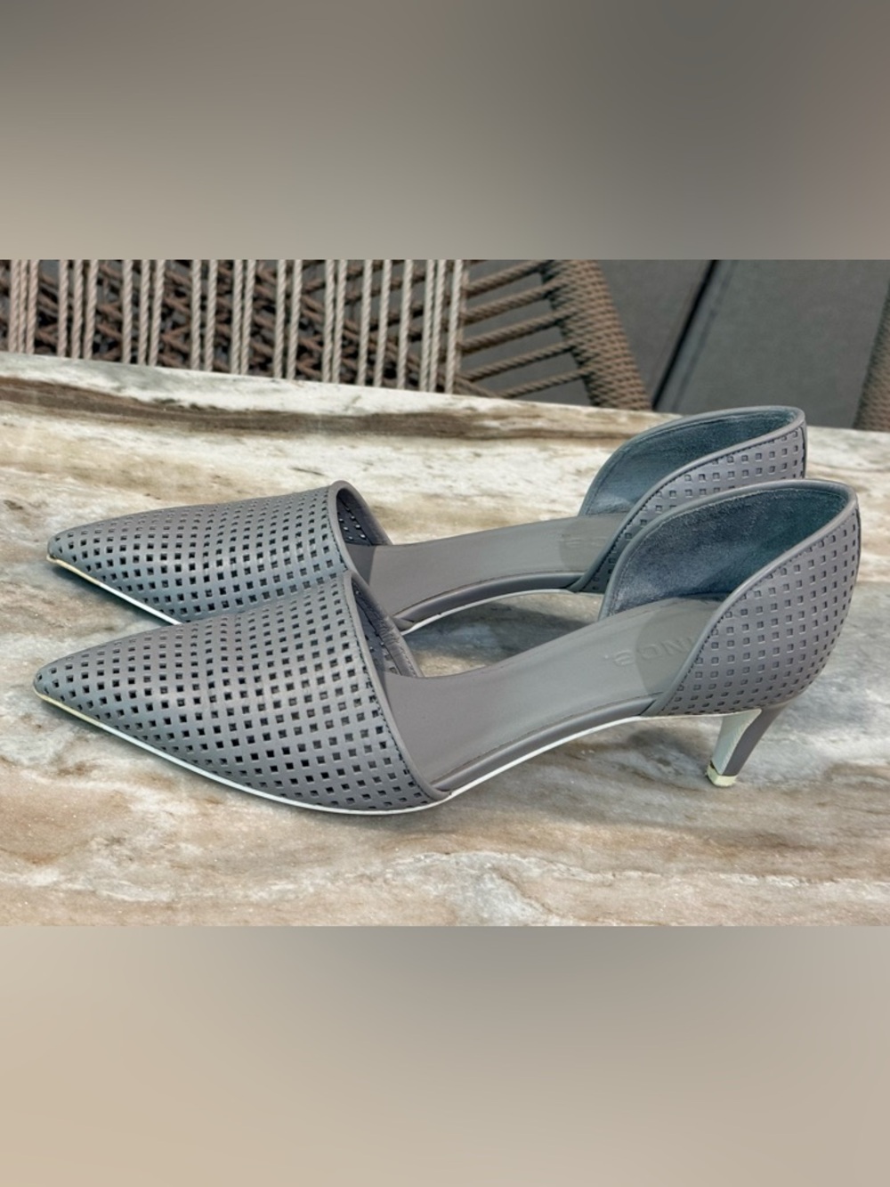 Women’s VINCE Aurelian perforated grey leather kitten heels- Size 7.5 - Picture 3 of 10